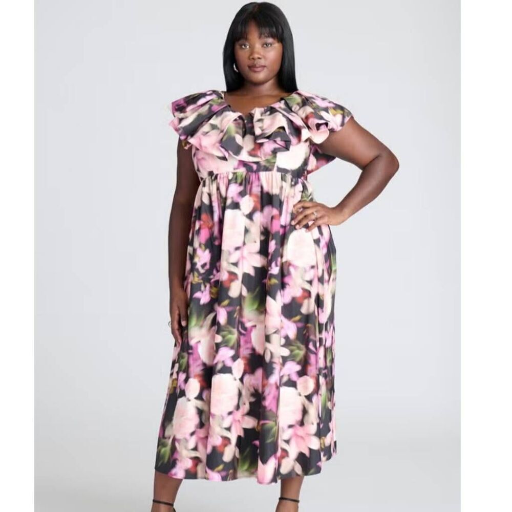 NWT Eloquii Plus Size 20 Ruffle Neckline Floral Dress in Blurry Blooms